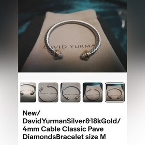 New/DavidYurmanSilver&18kGold/4mm Cable Classic Pave DiamondsBracelet size M